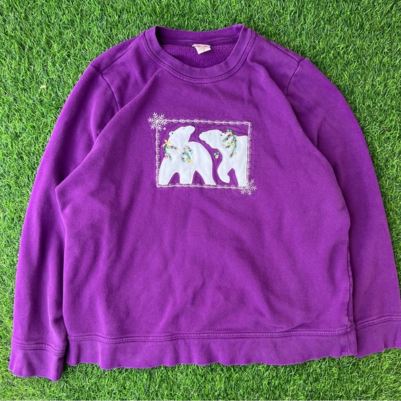 POLAR BEARS EMBROIDERY CHRISTMAS VINTAGE SWEATER NATURE PULLOVER MOUNTAIN WINTER - Picture 2 of 7